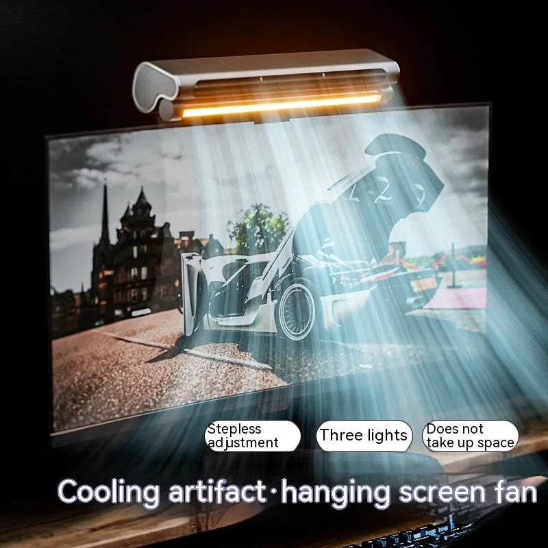 Black bladeless computer fan with screen clamp and integrated lighting lamp, showing USB connection
