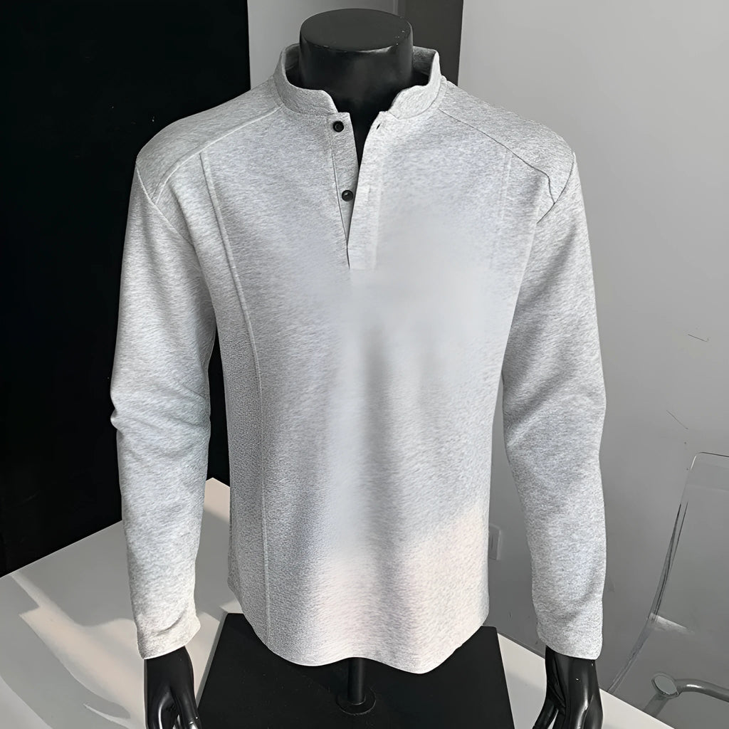 Men's loose fit asymmetric patchwork stand-up collar long sleeve shirt in grey.