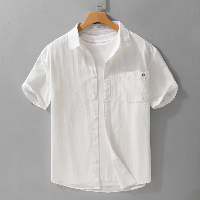 Men's loose fit pure cotton short sleeve shirt in cardigan style showing colour options