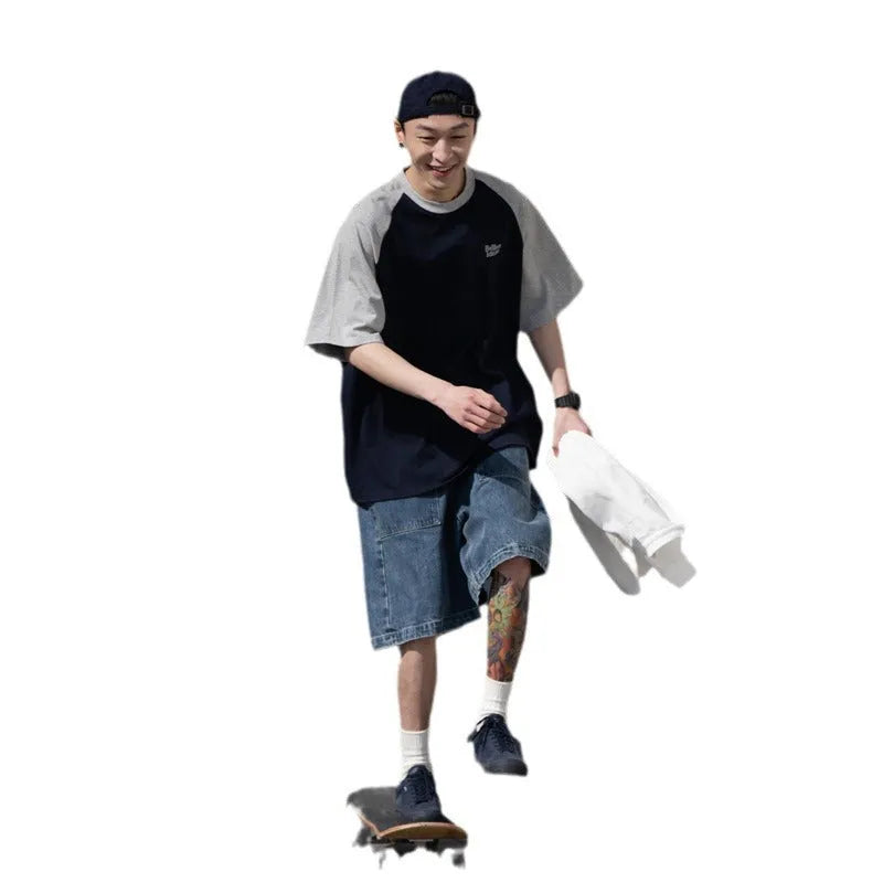 Men's blue casual Japanese-style T-shirt with raglan sleeves on a hanger