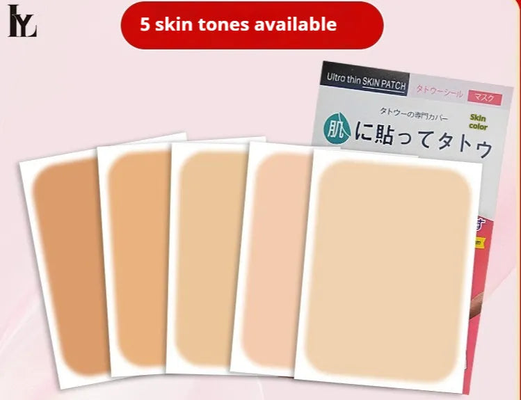 Pack of adhesive tattoo cover patches in various flesh tones on skin, showing 130mm length.