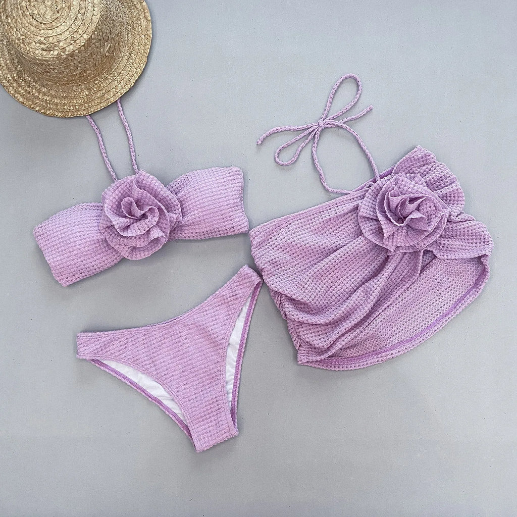Women's three-piece bikini set with 3D flower split design in solid colour nylon fabric
