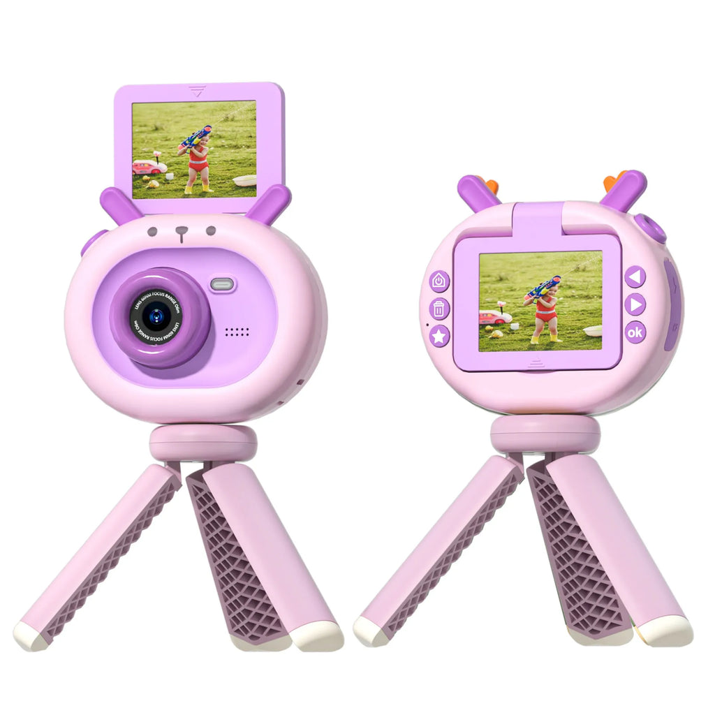 Purple and dark green children's digital camera with flip screen showing front and back views with accessories