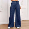 Light blue washed wide-leg women's denim jeans with straight fit and mid-rise waist