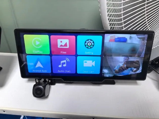 Black 10.26-inch car navigation device with dual recording cameras and suction mount for windscreen installation