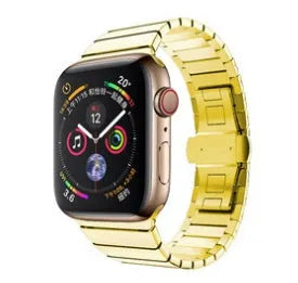 Silver metal Apple Watch strap with butterfly buckle on a 40mm watch case.