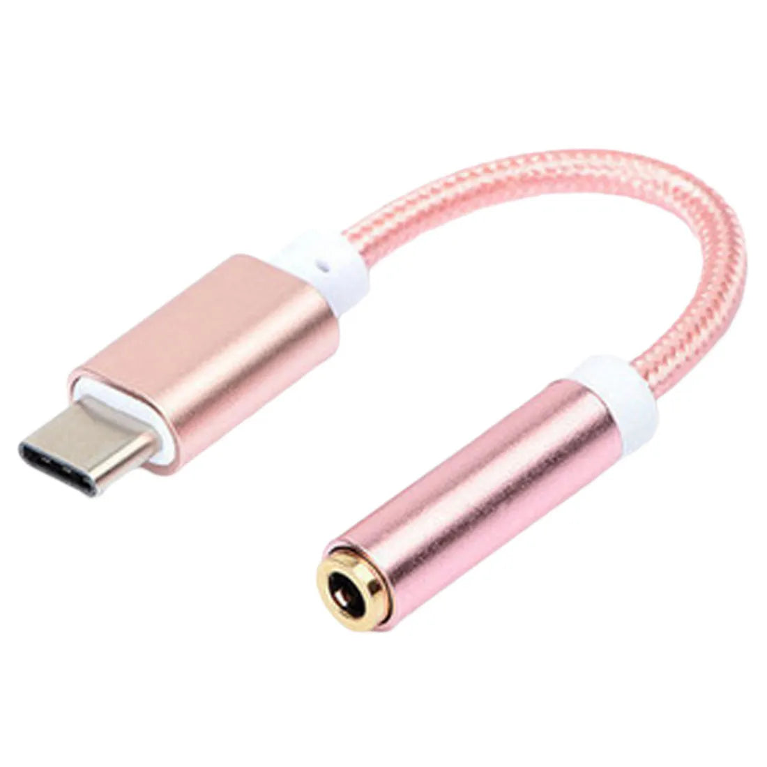 Close-up of a short black nylon braided Type-C to 3.5mm female headphone adapter cable.