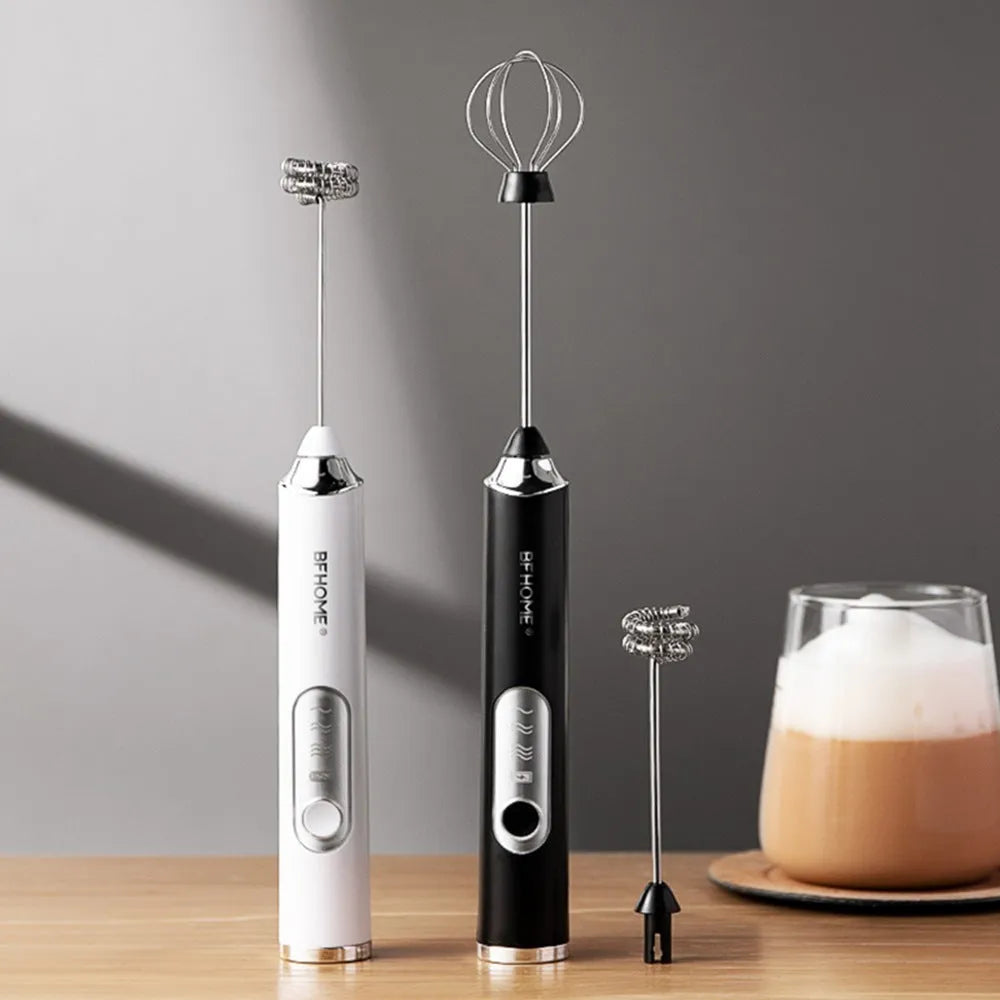 Electric coffee foam maker with USB cable, two brush heads, in black and white solid colours