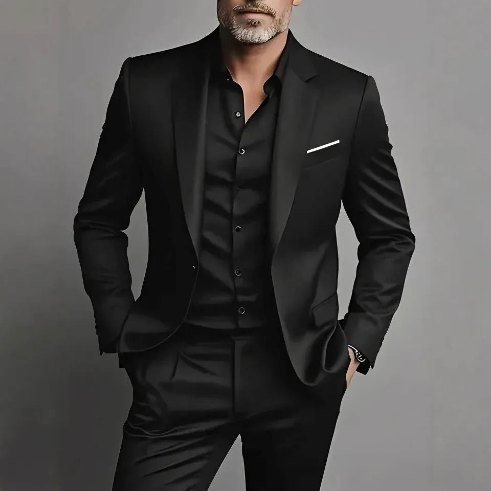 Men's slim fit two-piece cotton blend suit set in black, coat and trousers on hanger