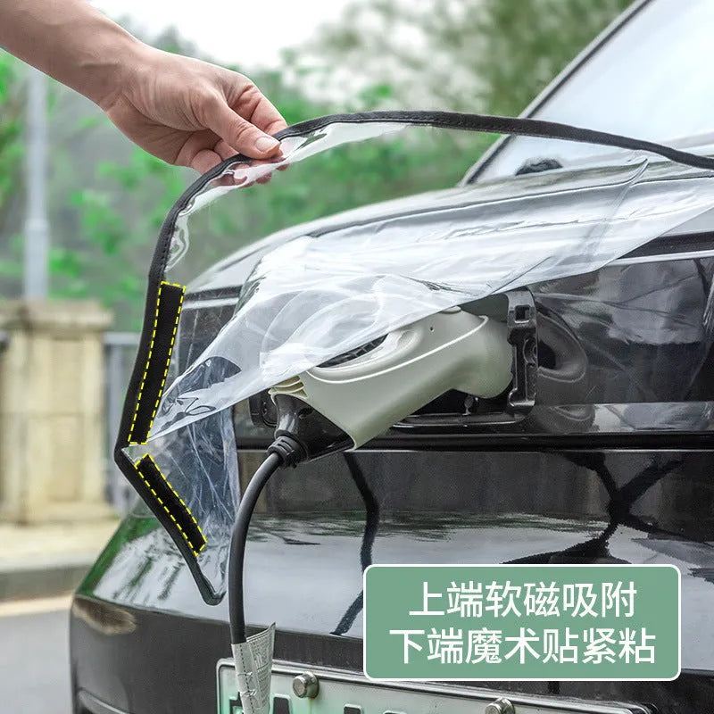 Black waterproof PVC rain cover for electric vehicle charging gun with magnetic strips.