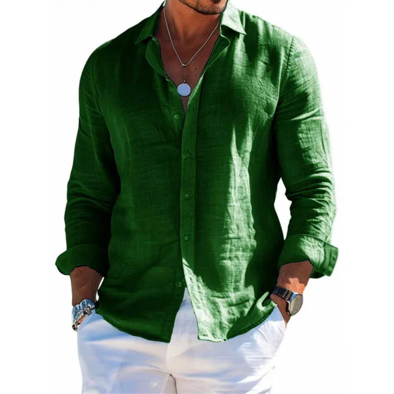 Men's long sleeve casual loose lapel button shirt in solid colour, sizes S to 6XL, polyester fibre