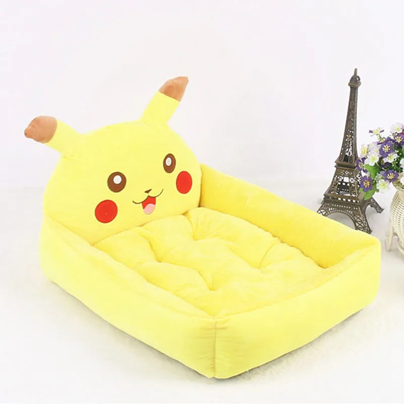 A blue cartoon-style pet sofa bed with raised sides for a small dog, showcasing its washable cover and non-slip base.