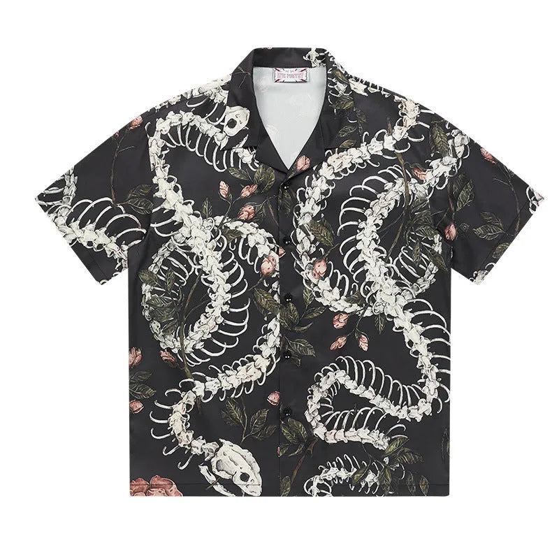 Snake bone and floral pattern printed Cuban collar short sleeve shirt with loose fit cardigan styling