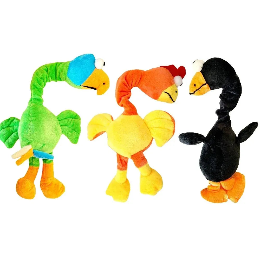 Black, green, and orange screaming chicken sound squeaky dog chew toy on a plain background