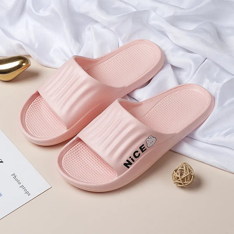 A pair of EVA flip flop slippers with a cartoon pattern, shown in one of six available colours.