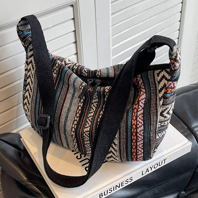 Women's ethnic style canvas crossbody dumpling bag with sewing thread details
