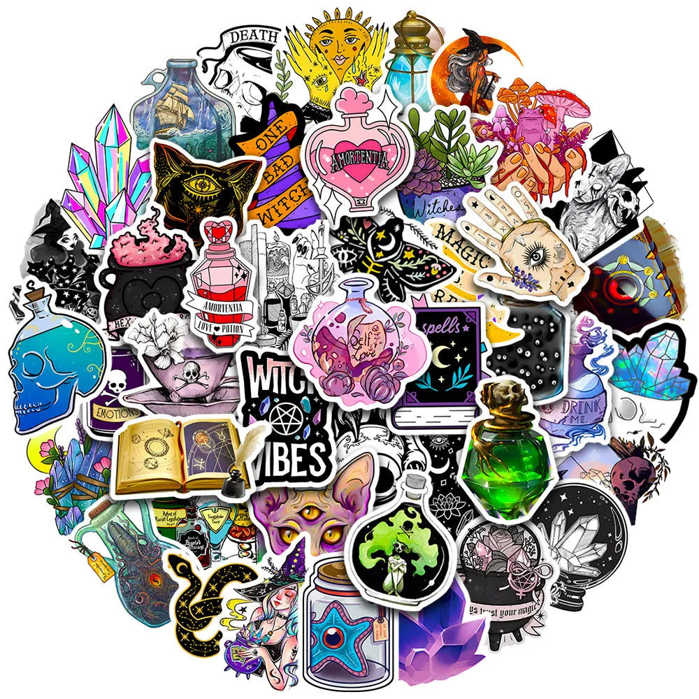 50 colourful glossy waterproof PVC stickers for luggage and smooth surface decoration, sizes 3cm to 8cm.