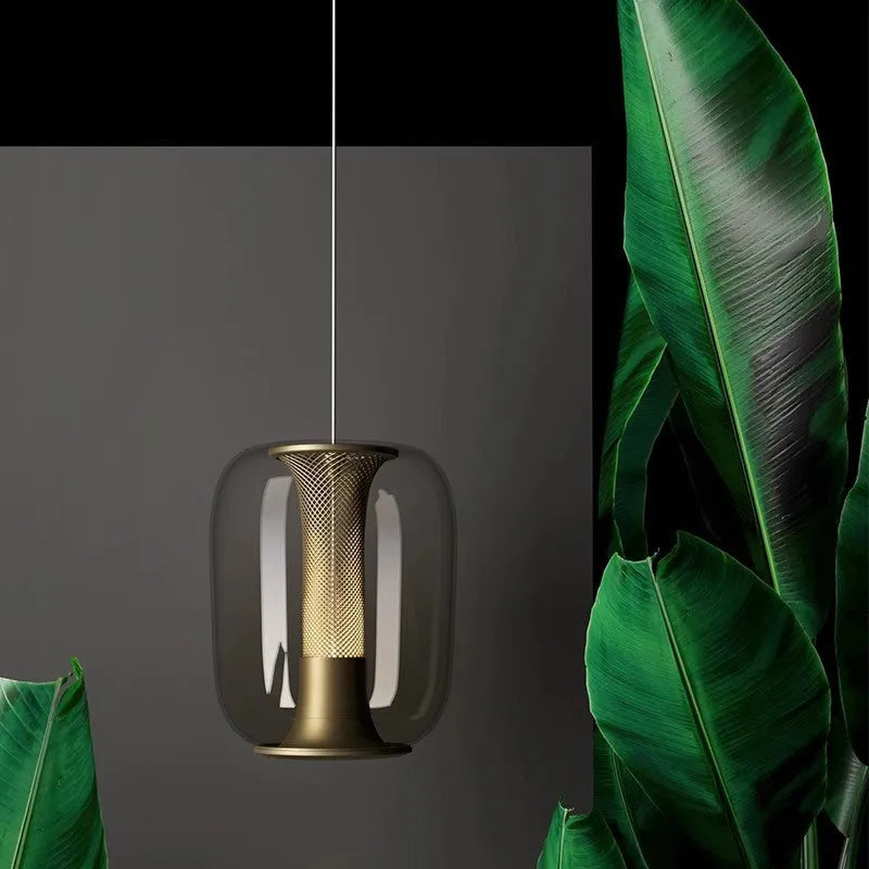 Minimalist Nordic chandelier light fitting in clear, cognac, or smoky grey colour measuring 16cm diameter by 20cm height