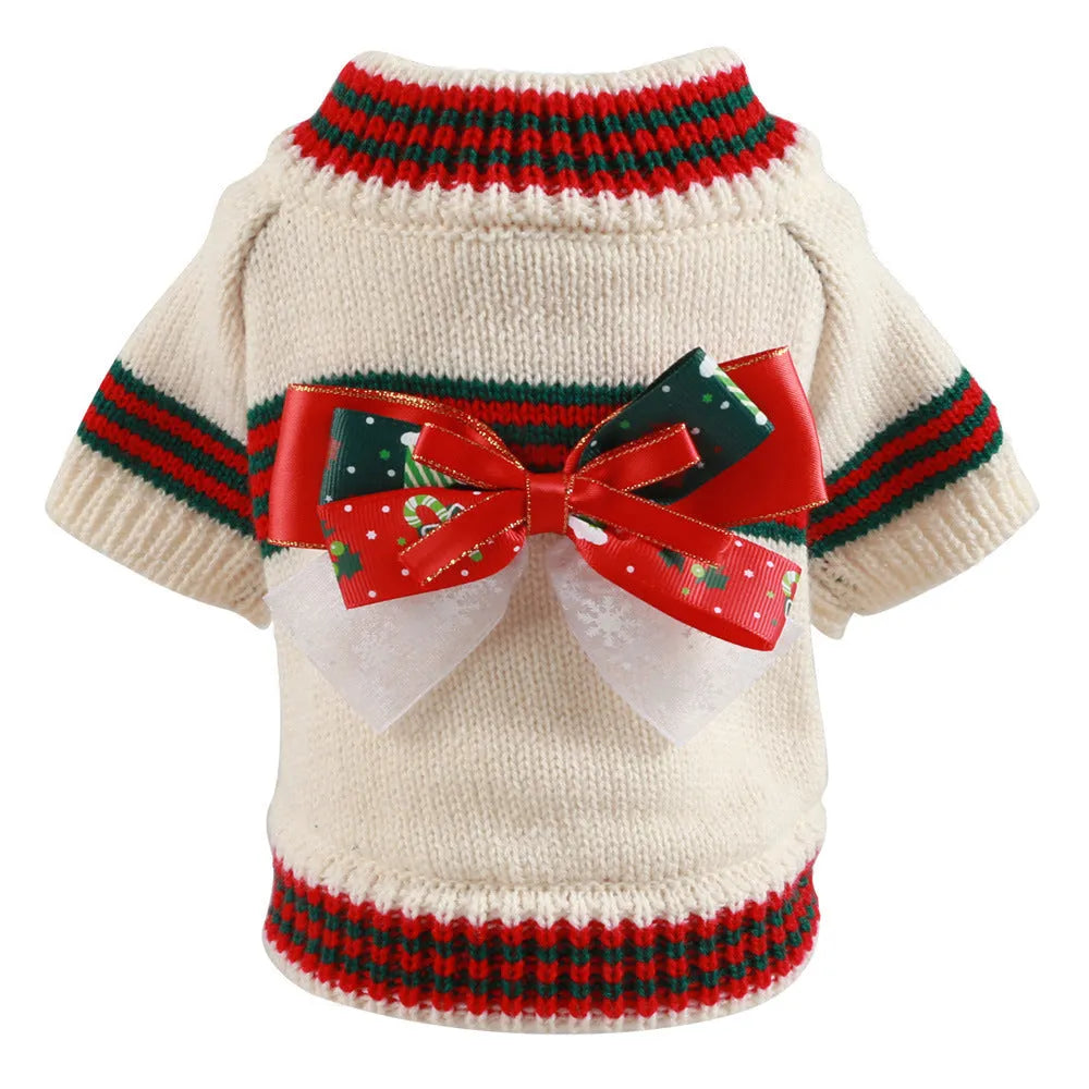 Red polyester knitted Christmas jumper for a dog, showing a simple pullover design.