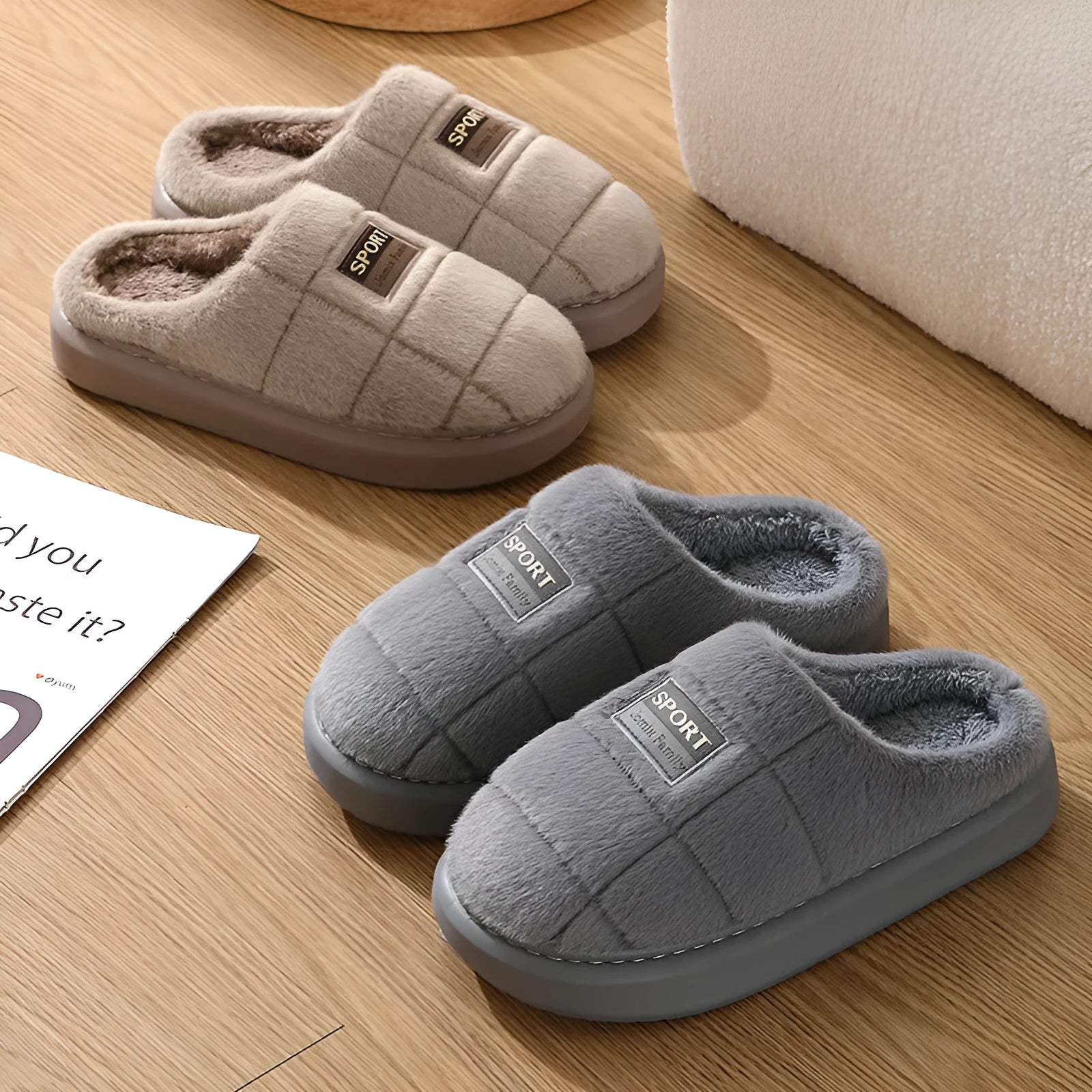 Men's plaid pattern winter slippers with thick EVA sole and artificial wool lining in grey and brown colours
