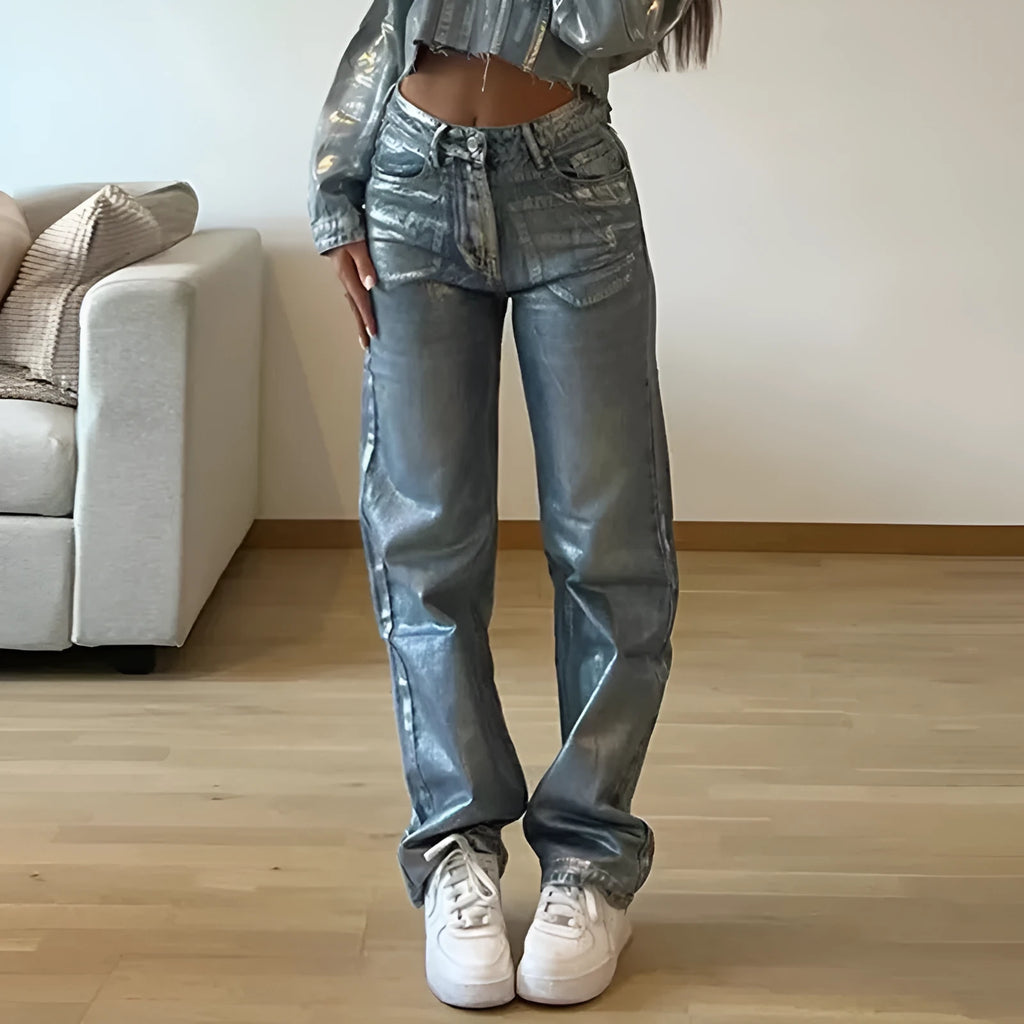 Blue washed high waist straight leg denim jeans with contrast colour street hipster styling