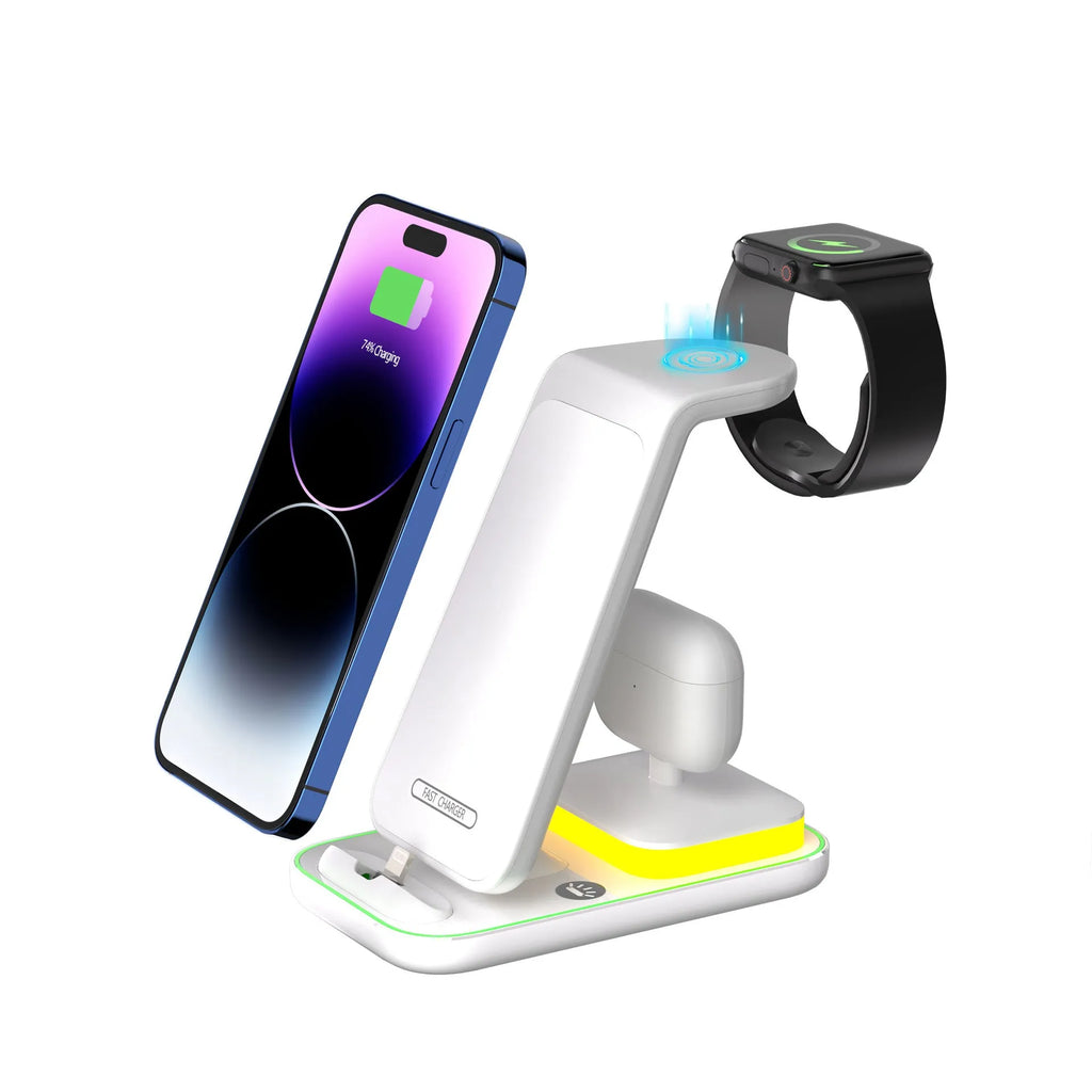 Black vertical wireless charger showing phone, watch and headset charging simultaneously