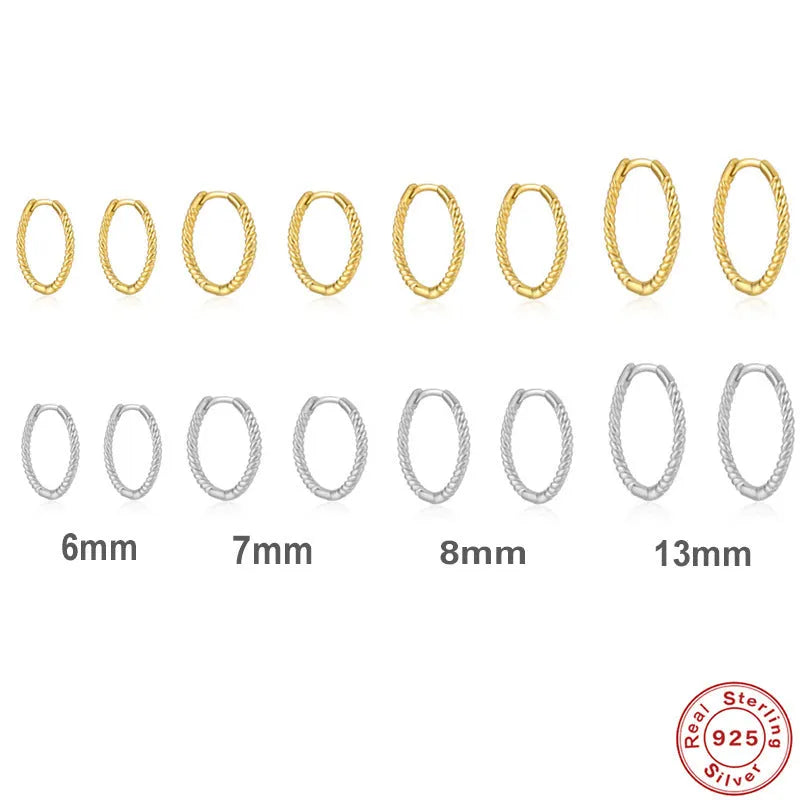S925 sterling silver twist ring earrings in gold or white gold finish, available in 6mm 7mm 8mm 13mm sizes