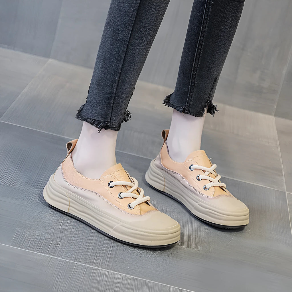 Women's solid colour leather platform sneakers in matcha, purple, or orange with a round toe and lace-up front.