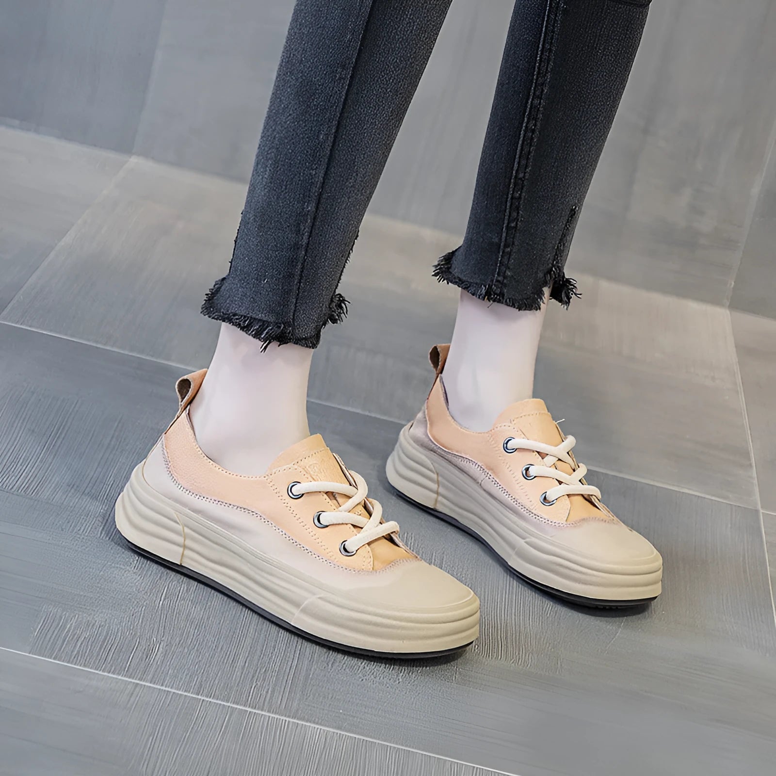 Women's solid colour leather platform sneakers in matcha, purple, or orange with a round toe and lace-up front.