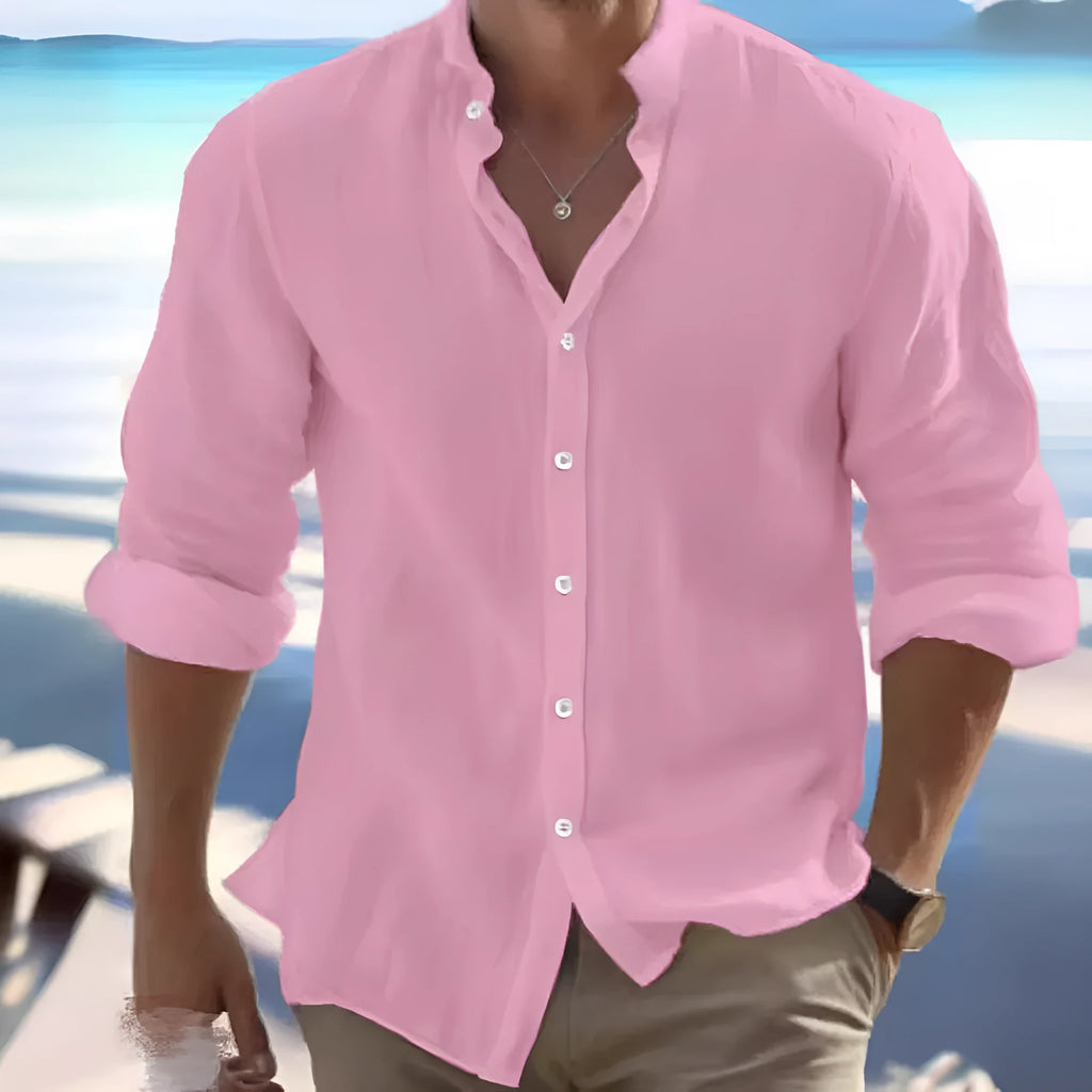 Man wearing a light blue long-staple cotton pullover collar summer shirt