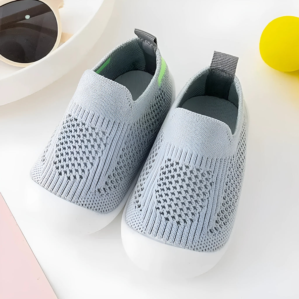 Baby soft sole non-slip walking shoes in fly woven cotton and natural rubber, available in multiple colours and sizes 11.5-15.5cm