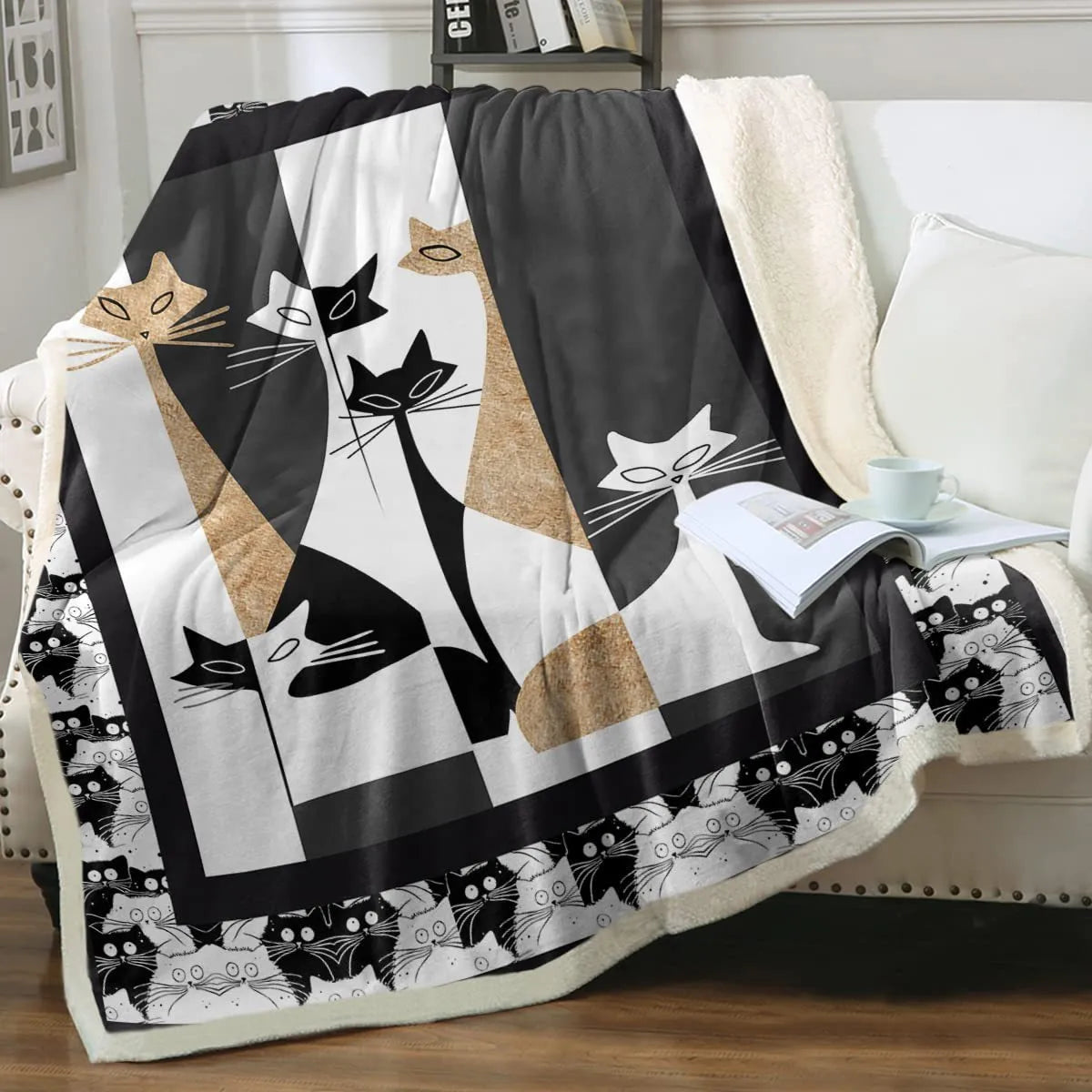 Cat sherpa blanket with animal pattern printing double layer children polyester fibre throw in multiple colours and sizes