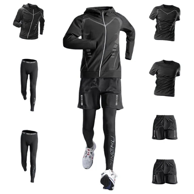 Quick-dry running gym clothes set with tight long sleeve T-shirt in chemical fibre blend, sizes M to 4XL.