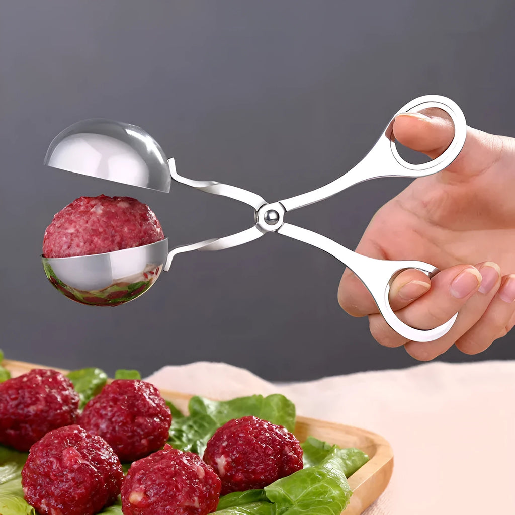 304 stainless steel meatball maker tongs on plain background, shows clip design and two size options, 16.5 cm length