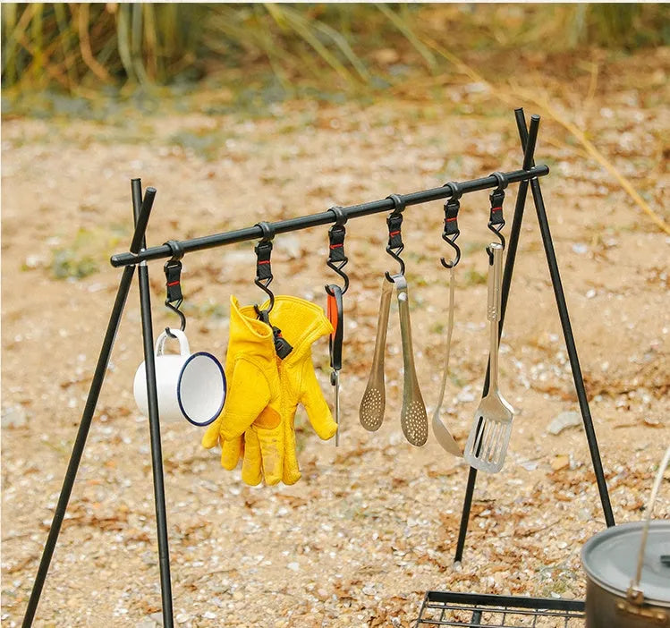 Aluminium alloy foldable camping clothes drying rack with triangle frame and multiple hooks