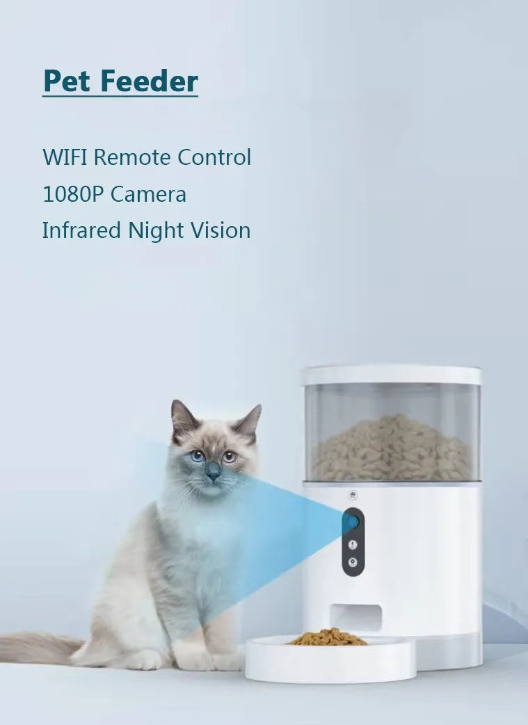 White ABS smart pet automatic feeder and water feeder, voice or video version, 220V US, 207 x 207 x 339 mm