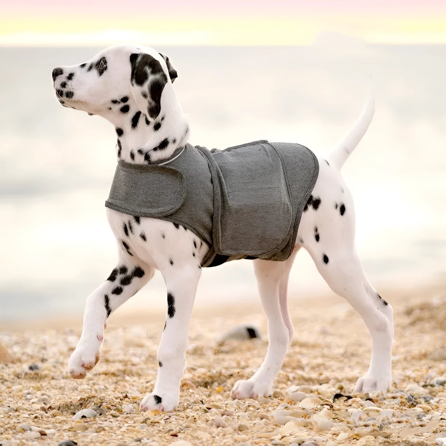 Heather Gray dog anxiety jacket warm vest in brocade cotton ponte-de-roma material