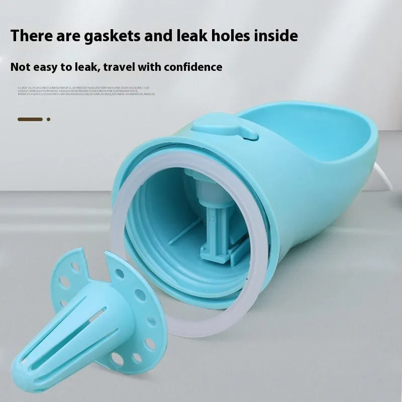 Blue portable dog water cup showing the two-in-one dispenser and bowl design for outdoor use.