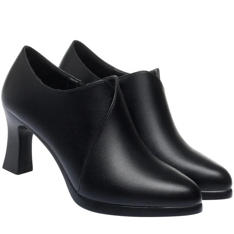 Deep mouth PU leather pumps with side zipper, thick heel, and tip-toe design in black and brown