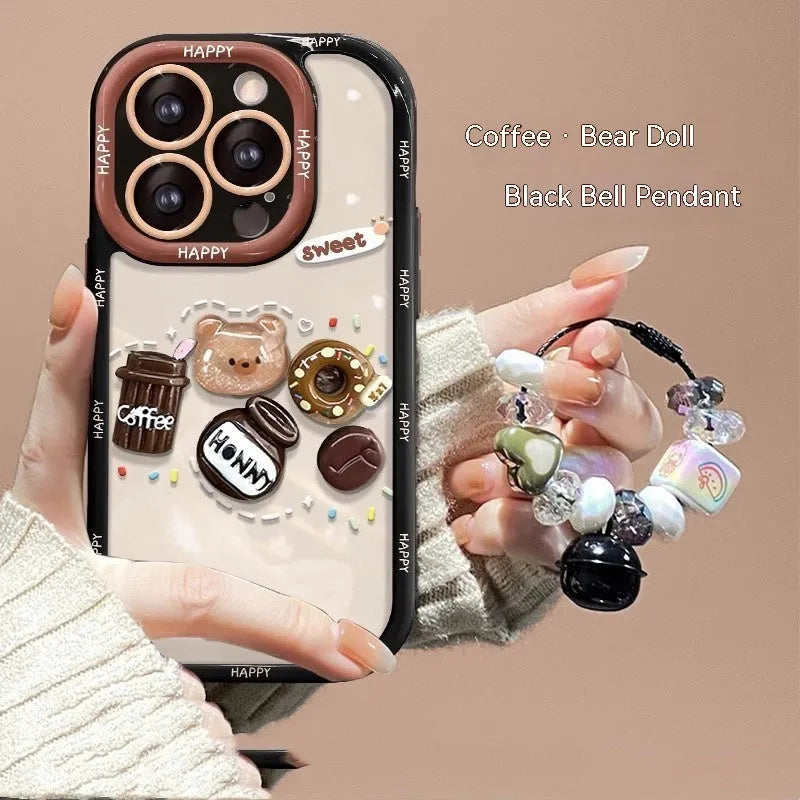 Coffee bear 3D doll pendant drop-resistant silicone phone case for Apple iPhone in cream black