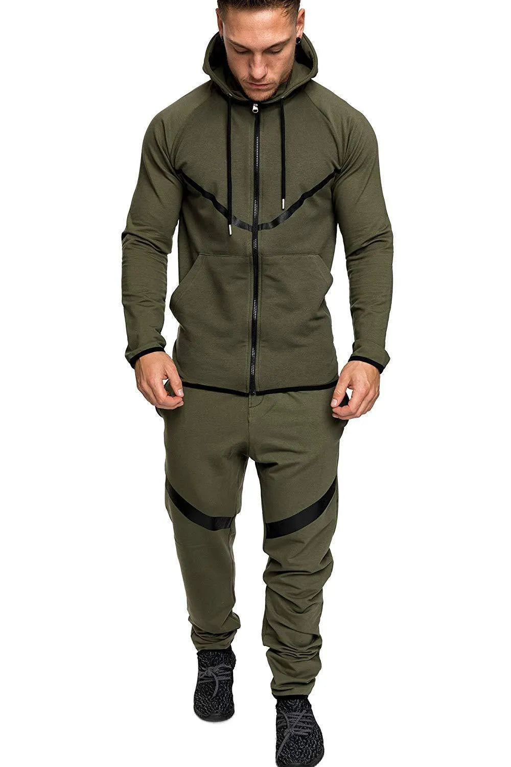 Men's cotton knit hooded tracksuit set with snowflake pattern, top and trousers, black dark grey army green