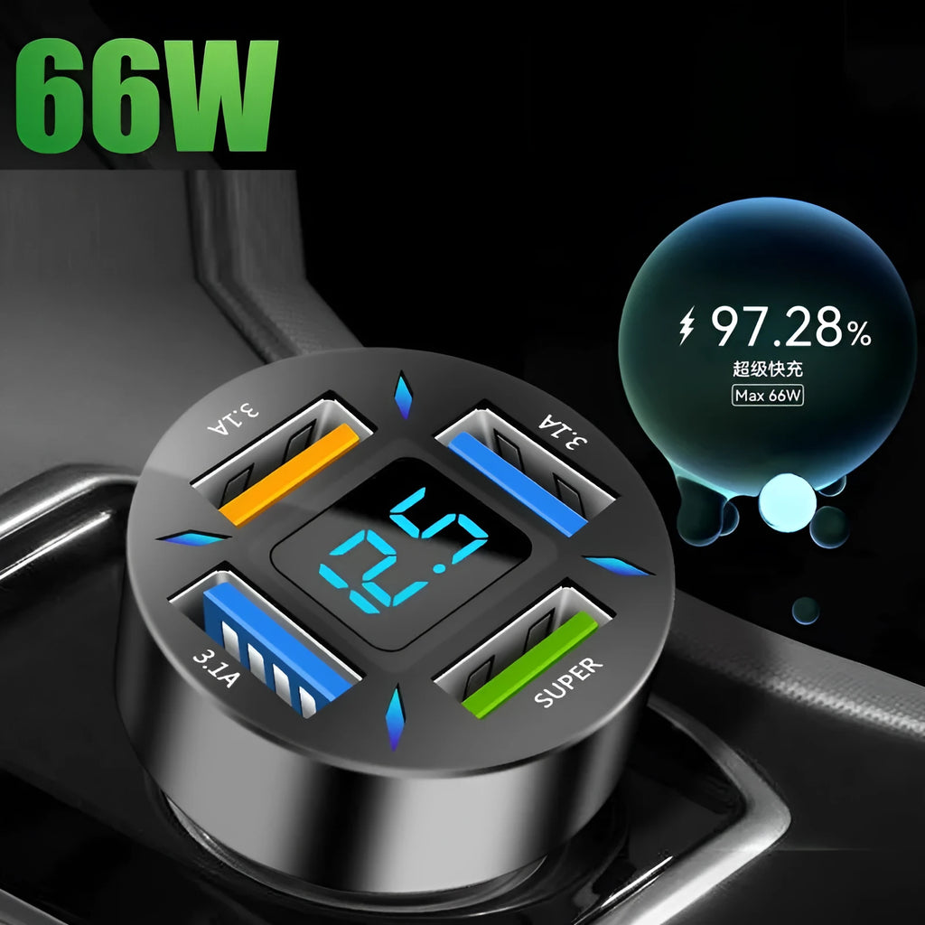 Black four-port USB car charger with LED digital display plugged into a car power outlet.
