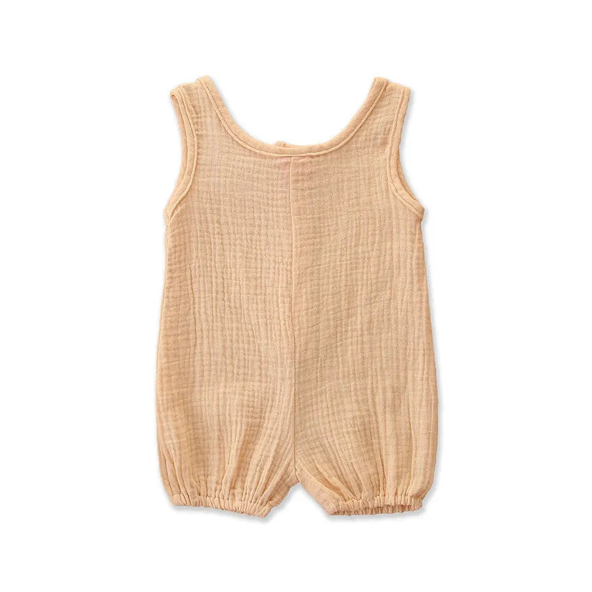 Cotton and linen sleeveless baby romper in solid colour, summer pullover style for girls.