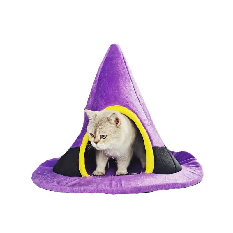 Purple Halloween witch hat shaped cloth cat bed measuring 60x45cm