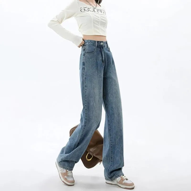 Women's retro blue wide leg jeans with high waist straight cut design and spandex stretch fabric