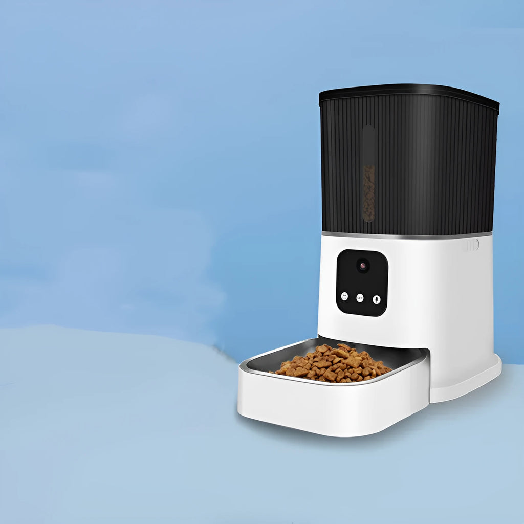 Pet remote control intelligent feeding machine showing 3L capacity ABS unit with stainless steel bowl