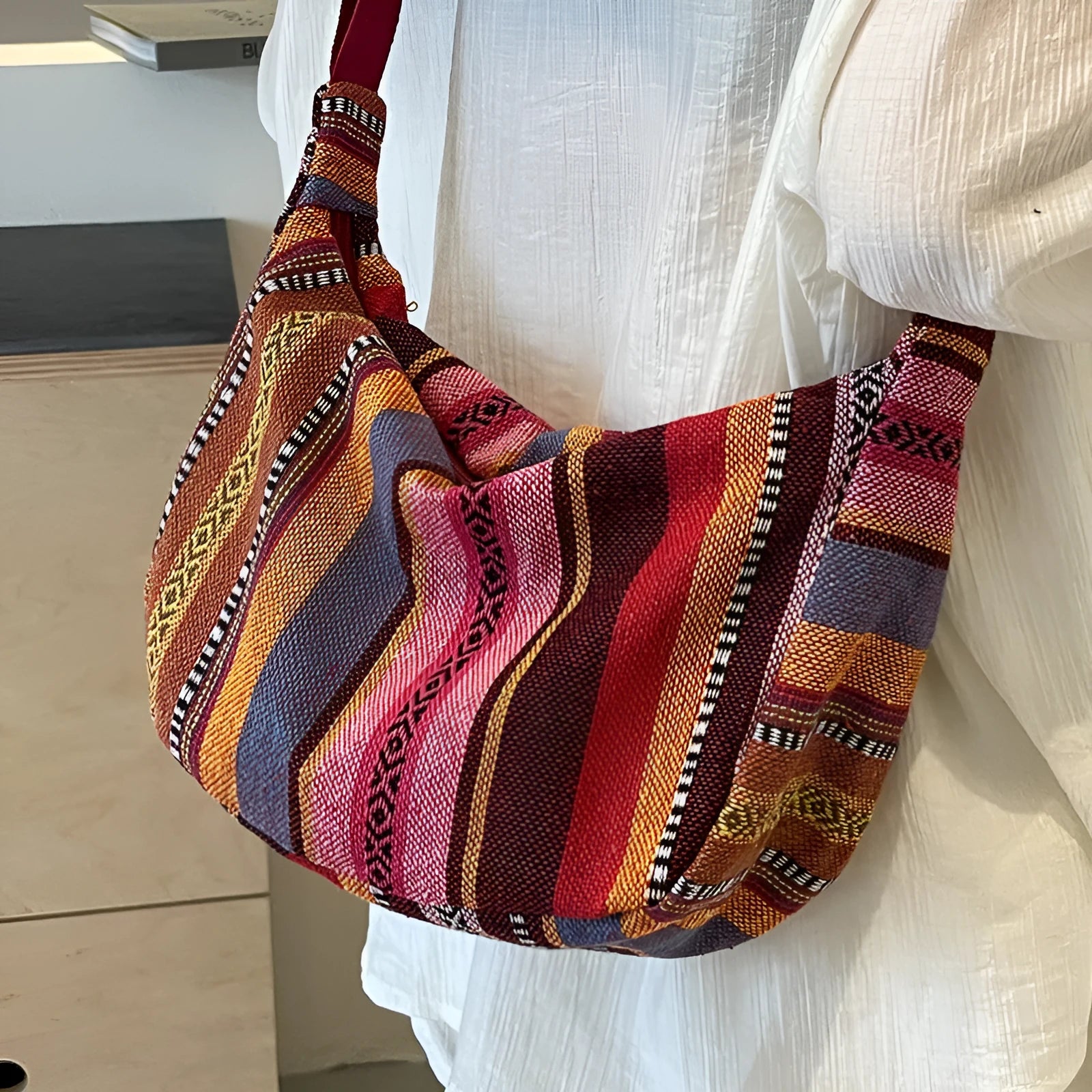 Women's ethnic style canvas crossbody dumpling bag with sewing thread details