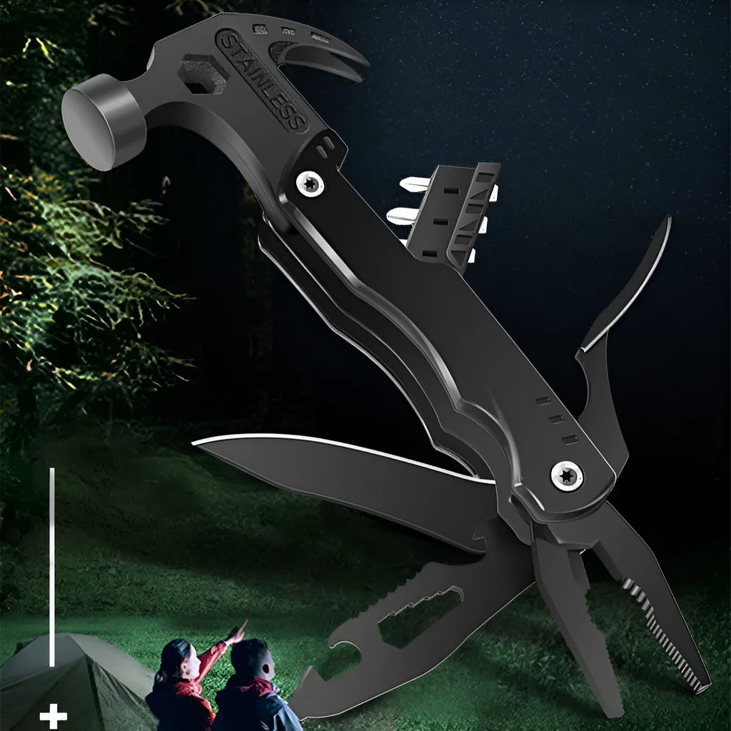 Multifunctional nail hammer with metal head, 160x75x23mm size, and claw on a storage bag