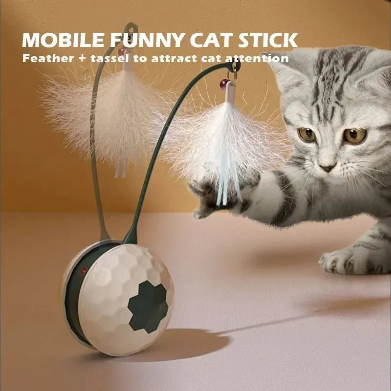 USB rechargeable tumbler cat teaser toy with feather accessory, red or white, 71.5mm x 209mm