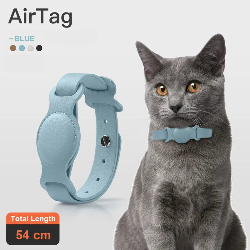 Leather pet collar case for AirTag, adjustable 40-77cm, fog blue colour, on a light background